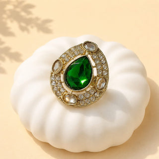 Elysia Green Polki Victorian Gold Finish Adjustable Ring - ECLAT INDIAN JEWELSRing JewelleryGreen