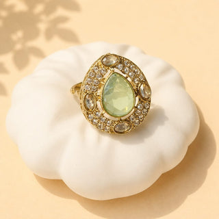 Elysia Light Green Polki Victorian Gold Finish Adjustable Ring - ECLAT INDIAN JEWELSRing JewelleryGreen