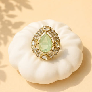 Elysia Light Green Polki Victorian Gold Finish Adjustable Ring - ECLAT INDIAN JEWELSRing JewelleryGreen