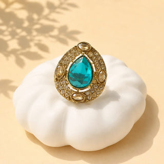 Elysia Peacock Blue Polki Victorian Gold Finish Adjustable Ring - ECLAT INDIAN JEWELSRing JewelleryBlue