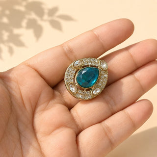 Elysia Peacock Blue Polki Victorian Gold Finish Adjustable Ring - ECLAT INDIAN JEWELSRing JewelleryBlue