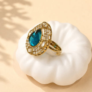Elysia Peacock Blue Polki Victorian Gold Finish Adjustable Ring - ECLAT INDIAN JEWELSRing JewelleryBlue