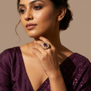 Elysia Purple Polki Victorian Gold Finish Adjustable Ring - ECLAT INDIAN JEWELSRing JewelleryPurple