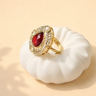 Elysia Red Polki Victorian Gold Finish Adjustable Ring - ECLAT INDIAN JEWELSRing JewelleryRed