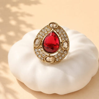 Elysia Red Polki Victorian Gold Finish Adjustable Ring - ECLAT INDIAN JEWELSRing JewelleryRed