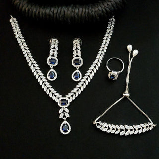 Emma Blue CZ Diamond Simulant Necklace Set with ring and Bracelet - ECLAT INDIAN JEWELSNecklace SetsBlue