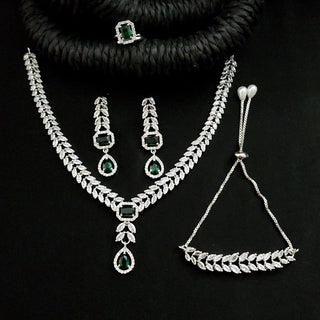 Emma Green CZ Diamond Simulant Necklace Set with Ring and Bracelet - ECLAT INDIAN JEWELSNecklace SetsGreen