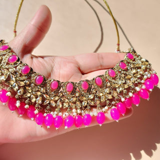 Emmie Hot Pink Polki Necklace Set with Tikka - ECLAT INDIAN JEWELSNecklace SetsPink