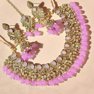 Emmie Light Purple Polki Necklace Set with Tikka - ECLAT INDIAN JEWELSNecklace SetsPurple