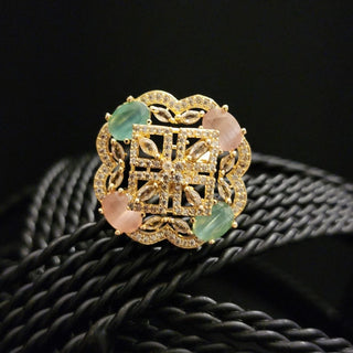 Esther Mint Green & Pink Gold Adjustable Diamond Simulant Ring - ECLAT INDIAN JEWELSRingsMulticolour