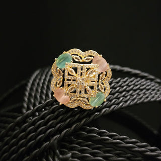 Esther Mint Green & Pink Gold Adjustable Diamond Simulant Ring - ECLAT INDIAN JEWELSRingsMulticolour