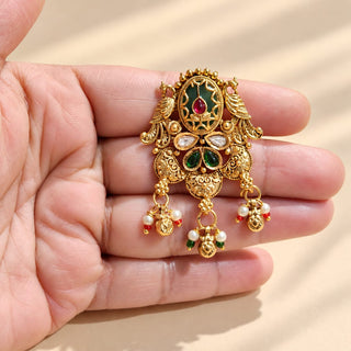 Euphemia multicolour Indian Kemp statement ring in gold finish, ornate green enamel-look centre with red and green stones and white bead dangling charms, image 2