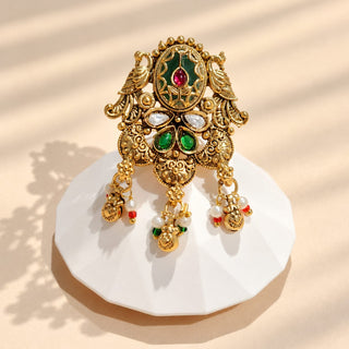 Euphemia multicolour Indian Kemp statement ring in gold finish, ornate green enamel-look centre with red and green stones and white bead dangling charms, image 4