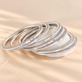 Euphrasia silver finish set of 8 mother of pearl shine Indian bangles on white display