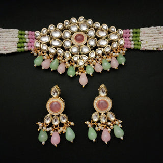 Eva Mint Green Pink Kundan Choker Necklace Set - ECLAT INDIAN JEWELSNecklace SetsMulticolour