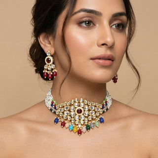 Eva Multicolour Kundan Choker Necklace Set - ECLAT INDIAN JEWELSNecklace SetsMulticolour
