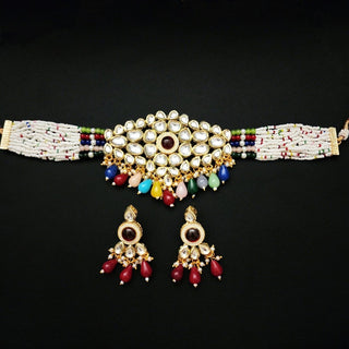 Eva Multicolour Kundan Choker Necklace Set - ECLAT INDIAN JEWELSNecklace SetsMulticolour