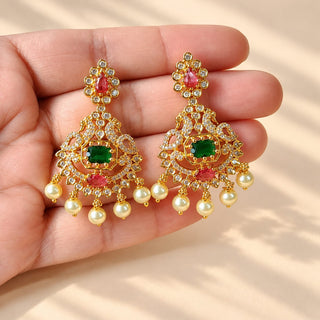 Evangeline multicolour CZ diamond simulant gold finish Indian necklace set green and rani pink stones white pearl drops matching 4 cm earrings photo 10