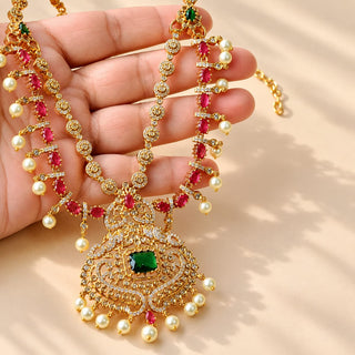 Evangeline multicolour CZ diamond simulant gold finish Indian necklace set green and rani pink stones white pearl drops matching 4 cm earrings photo 4