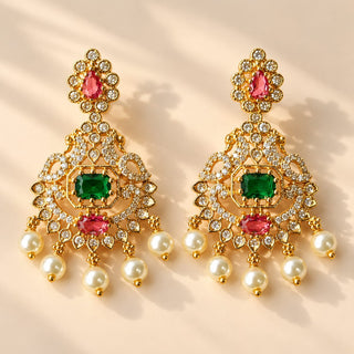 Evangeline multicolour CZ diamond simulant gold finish Indian necklace set green and rani pink stones white pearl drops matching 4 cm earrings photo 5