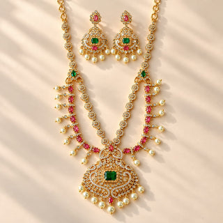 Evangeline multicolour CZ diamond simulant gold finish Indian necklace set green and rani pink stones white pearl drops matching 4 cm earrings photo 6