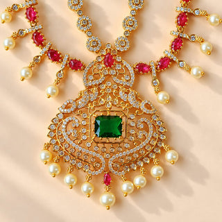Evangeline multicolour CZ diamond simulant gold finish Indian necklace set green and rani pink stones white pearl drops matching 4 cm earrings photo 7