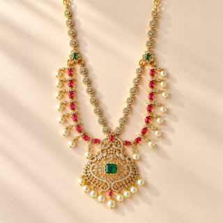 Evangeline multicolour CZ diamond simulant gold finish Indian necklace set green and rani pink stones white pearl drops matching 4 cm earrings photo 8