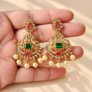 Evangeline multicolour CZ diamond simulant gold finish Indian necklace set green and rani pink stones white pearl drops matching 4 cm earrings photo 9