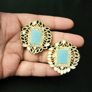 Eve Light Blue Mirror Stud Earrings - ECLAT INDIAN JEWELSEarringsBlue