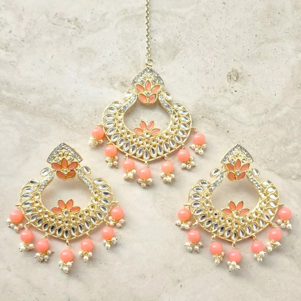 Faizah Peach Kundan Tikka Set ECLAT INDIAN JEWELS