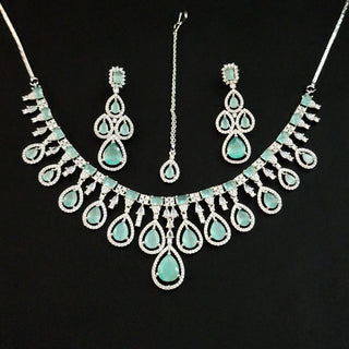 Fallon Mint Green CZ Diamond Simulant Necklace Set with Maang Tikka - ECLAT INDIAN JEWELSNecklace SetsGreen