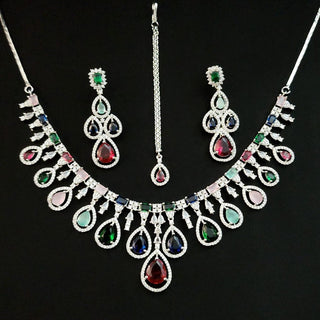 Fallon Multicolour CZ Diamond Simulant Necklace Set with Maang Tikka - ECLAT INDIAN JEWELSNecklace SetsMulticolour