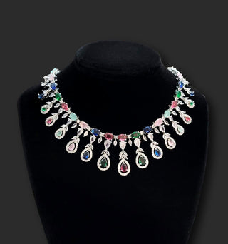 Fallon Multicolour CZ Diamond Simulant Necklace Set with Maang Tikka - ECLAT INDIAN JEWELSNecklace SetsMulticolour