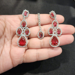 Fallon Red CZ Diamond Simulant Necklace Set with Maang Tikka - ECLAT INDIAN JEWELSNecklace SetsRed