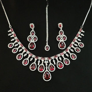 Fallon Red CZ Diamond Simulant Necklace Set with Maang Tikka - ECLAT INDIAN JEWELSNecklace SetsRed