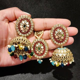 Farah Multicolour Mirror Dome Jhumka Tikka Set - ECLAT INDIAN JEWELSTikka SetsMulticolour