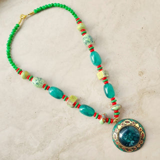 Fiora Green Brass Handcrafted Necklace - ECLAT INDIAN JEWELSNecklace SetsGreen