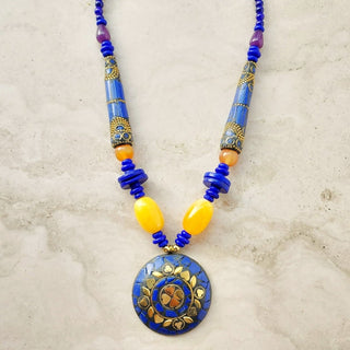 Fiora Orange Blue Brass Handcrafted Necklace - ECLAT INDIAN JEWELSNecklace SetsMulticolour