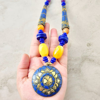 Fiora Orange Blue Brass Handcrafted Necklace - ECLAT INDIAN JEWELSNecklace SetsMulticolour