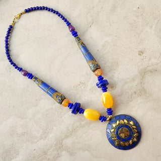 Fiora Orange Blue Brass Handcrafted Necklace - ECLAT INDIAN JEWELSNecklace SetsMulticolour