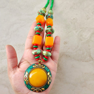 Fiora Orange Green Brass Handcrafted Necklace - ECLAT INDIAN JEWELSNecklace SetsMulticolour