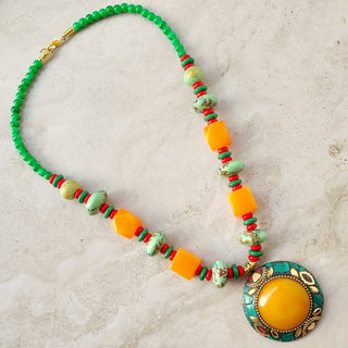 Fiora Orange Green Brass Handcrafted Necklace - ECLAT INDIAN JEWELSNecklace SetsMulticolour