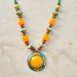 Fiora Orange Green Brass Handcrafted Necklace - ECLAT INDIAN JEWELSNecklace SetsMulticolour