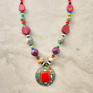 Fiora Red Brass Handcrafted Necklace - ECLAT INDIAN JEWELSNecklace SetsMulticolour