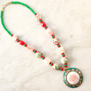 Fiora Red Green Brass Handcrafted Necklace - ECLAT INDIAN JEWELSNecklace SetsMulticolour