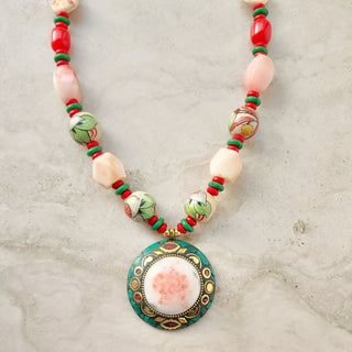 Fiora Red Green Brass Handcrafted Necklace - ECLAT INDIAN JEWELSNecklace SetsMulticolour