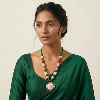 Fiora Red Green Brass Handcrafted Necklace - ECLAT INDIAN JEWELSNecklace SetsMulticolour