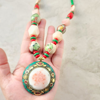 Fiora Red Green Brass Handcrafted Necklace - ECLAT INDIAN JEWELSNecklace SetsMulticolour