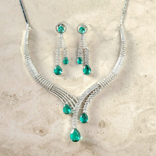 Fiora Sea Green CZ Diamond Simulant Necklace Set - ECLAT INDIAN JEWELSNecklace SetsGreen