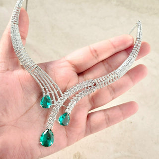 Fiora Sea Green CZ Diamond Simulant Necklace Set - ECLAT INDIAN JEWELSNecklace SetsGreen